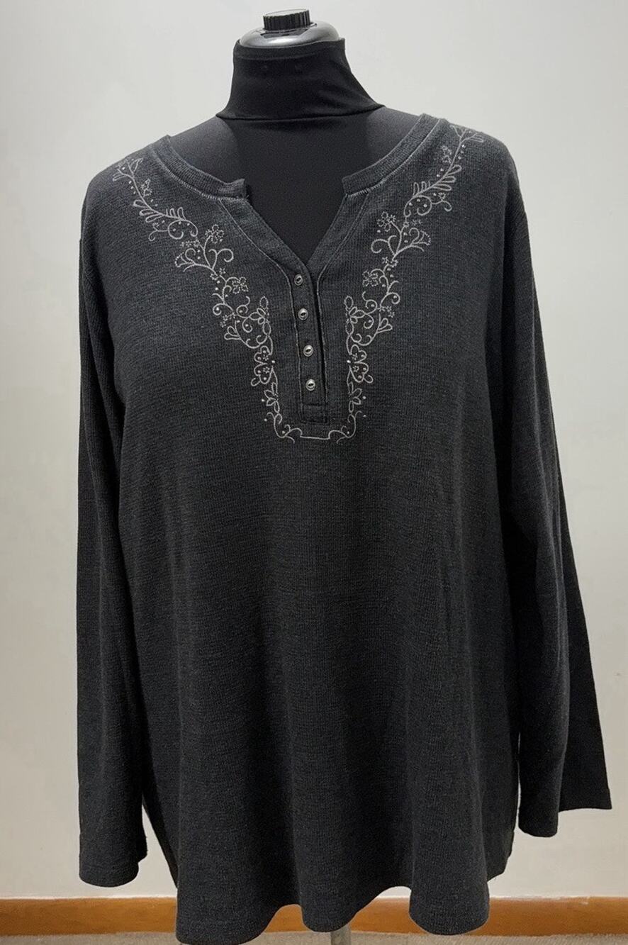 CJ Banks Womens 3X Henley Top Charcoal Gray Embroidered Long Sleeve Plus Size